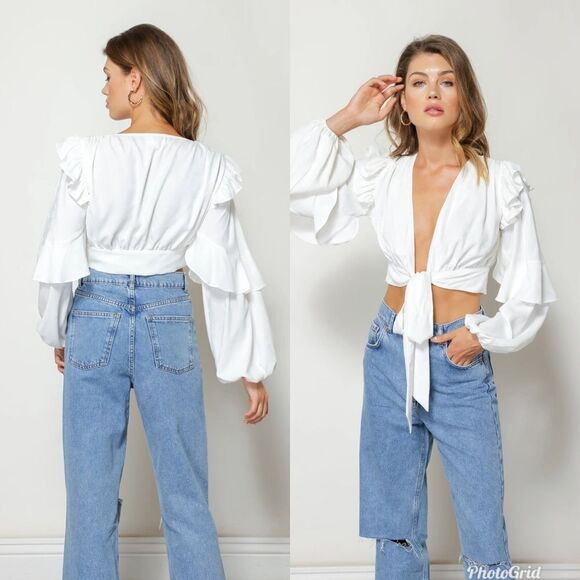 Revolve Line and Dot Sonia Ruffle Crop Top Tie Front Blouse - Picture 1 of 8